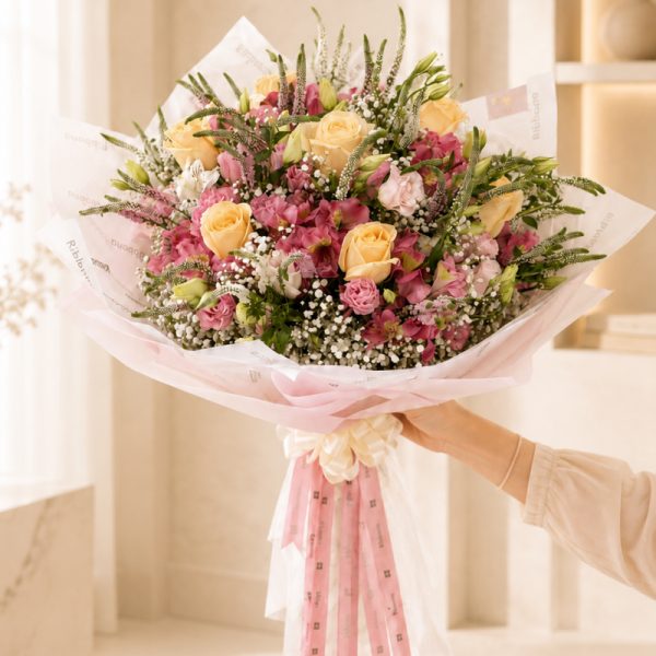 دسته گل رز کرم و آلسترومریا Ribbona   کد 316