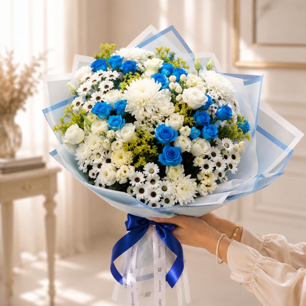 دسته گل رز آبی و سفید Ribbona   کد 317